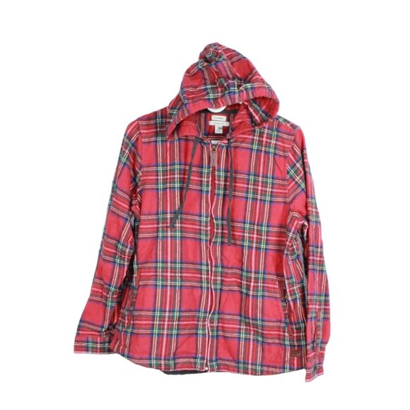 L.L.Bean Tops - LL Bean Scotch Plaid Flannel Shirt Relaxed Zip Hoodie Cotton Red Medium
